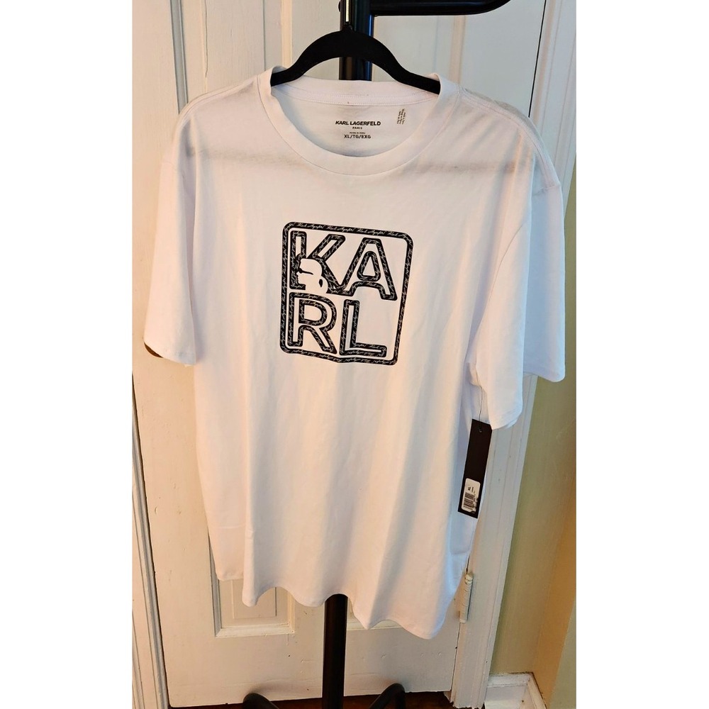Karl Lagerfeld Paris Men's White Logo Graphic Crew Neck Cotton Jersey T-Shirt XL